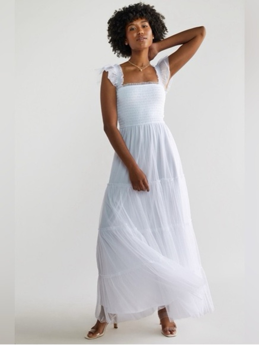 🆕 Audrey Parks Nema Flutter Sleeve Tulle Maxi Dress